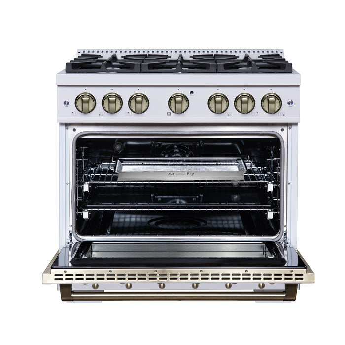 Valente 36" Dual Fuel Range in White, 6 Sealed Burners, 71 000 BTU Cooktop Output , 5.2 Cu.Ft. convection Oven, Telescopic Racks
