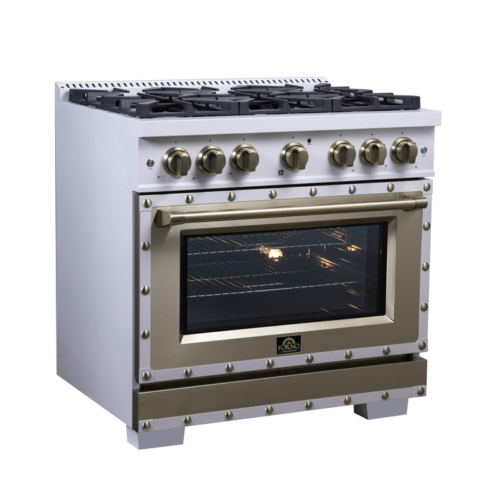 Valente 36" Dual Fuel Range in White, 6 Sealed Burners, 71 000 BTU Cooktop Output , 5.2 Cu.Ft. convection Oven, Telescopic Racks