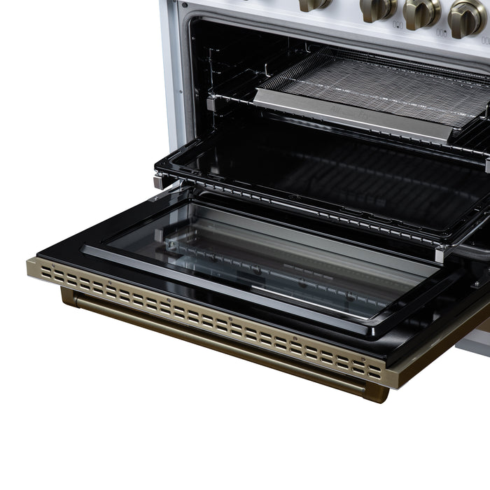 Valente 36" Dual Fuel Range in White, 6 Sealed Burners, 71 000 BTU Cooktop Output , 5.2 Cu.Ft. convection Oven, Telescopic Racks