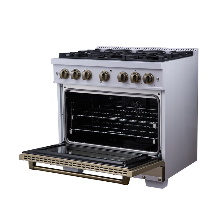 Valente 36" Dual Fuel Range in White, 6 Sealed Burners, 71 000 BTU Cooktop Output , 5.2 Cu.Ft. convection Oven, Telescopic Racks