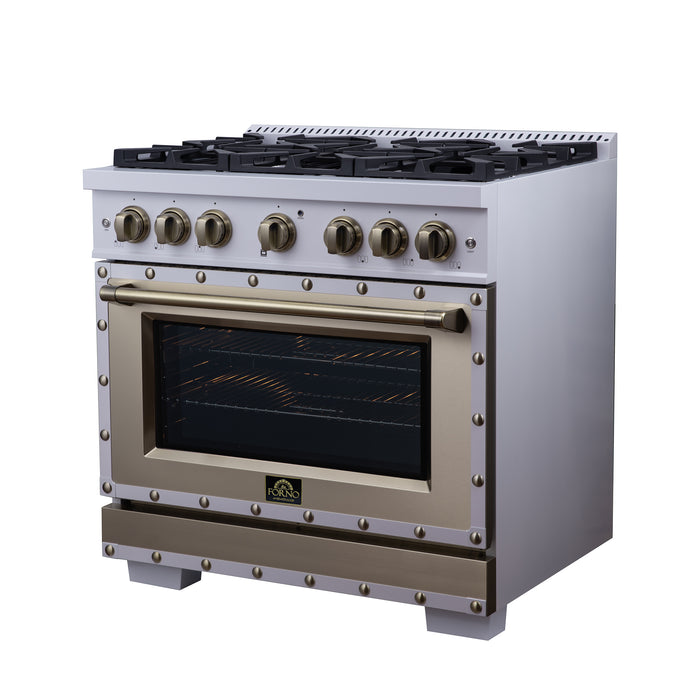 Valente 36" Dual Fuel Range in White, 6 Sealed Burners, 71 000 BTU Cooktop Output , 5.2 Cu.Ft. convection Oven, Telescopic Racks