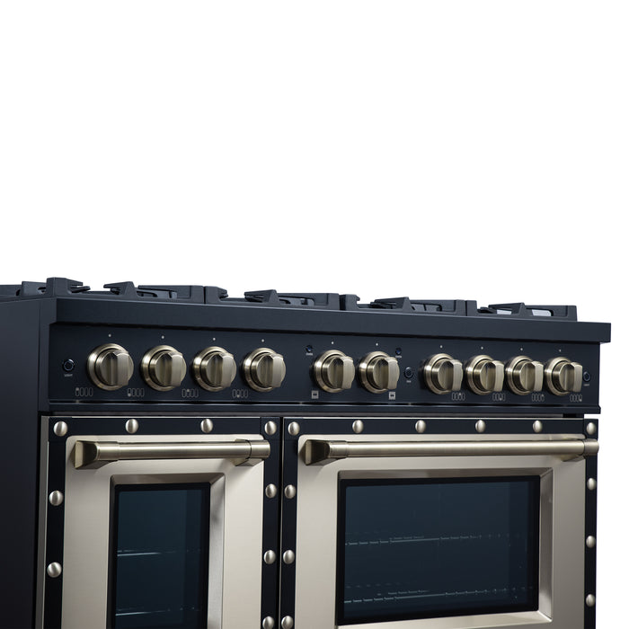 Valente 48" Dual Fuel Range in Black, 8 Sealed Burners, 94 000 BTU Cooktop Output, 6.7 Cu.Ft. Double Oven, Telescopic Racks