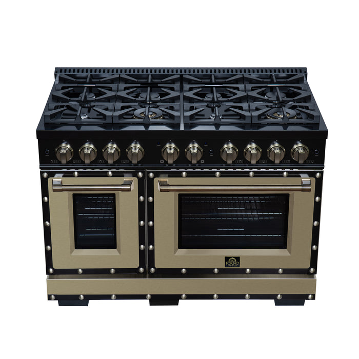 Valente 48" Dual Fuel Range in Black, 8 Sealed Burners, 94 000 BTU Cooktop Output, 6.7 Cu.Ft. Double Oven, Telescopic Racks