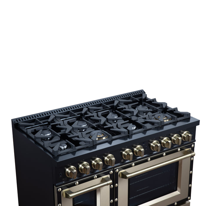 Valente 48" Dual Fuel Range in Black, 8 Sealed Burners, 94 000 BTU Cooktop Output, 6.7 Cu.Ft. Double Oven, Telescopic Racks
