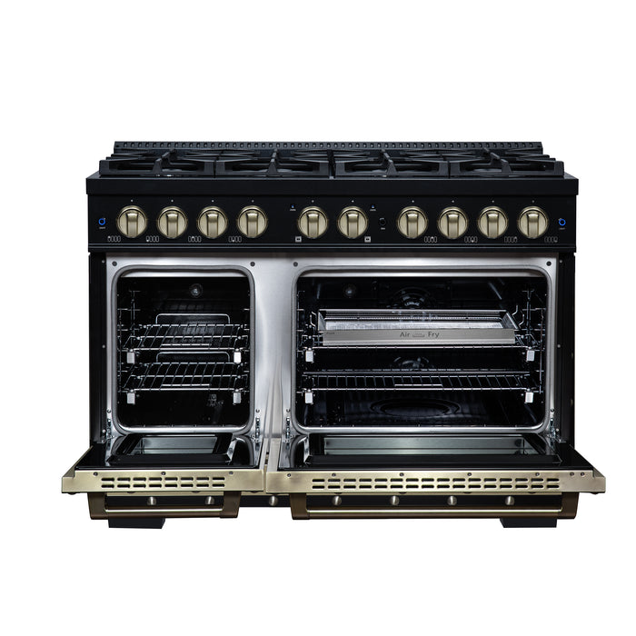 Valente 48" Dual Fuel Range in Black, 8 Sealed Burners, 94 000 BTU Cooktop Output, 6.7 Cu.Ft. Double Oven, Telescopic Racks