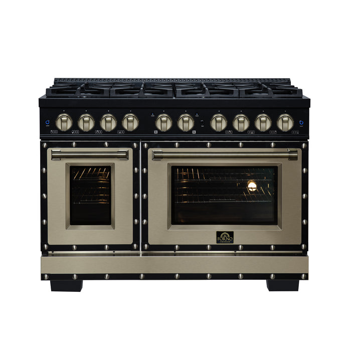 Valente 48" Dual Fuel Range in Black, 8 Sealed Burners, 94 000 BTU Cooktop Output, 6.7 Cu.Ft. Double Oven, Telescopic Racks