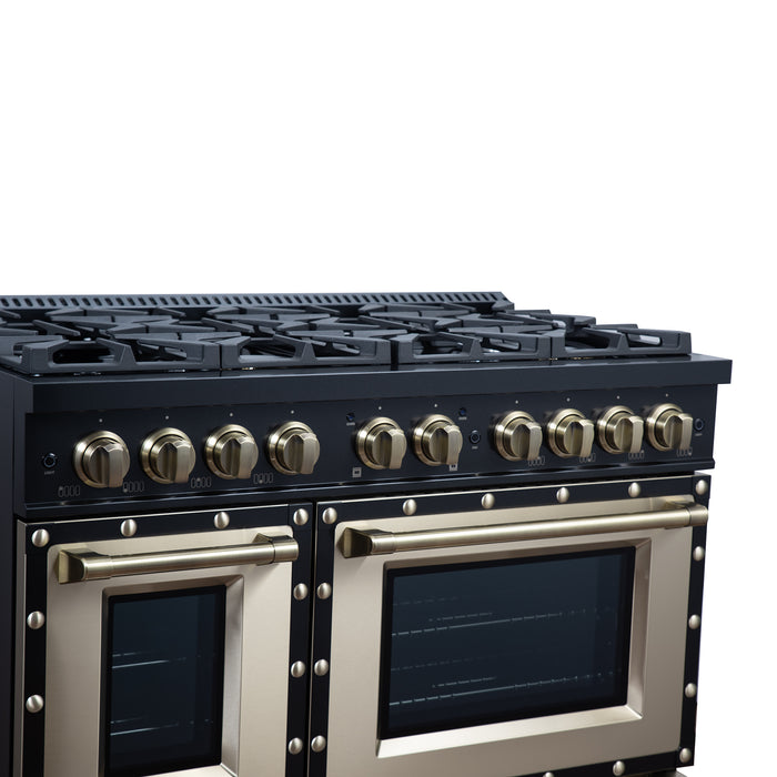 Valente 48" Dual Fuel Range in Black, 8 Sealed Burners, 94 000 BTU Cooktop Output, 6.7 Cu.Ft. Double Oven, Telescopic Racks