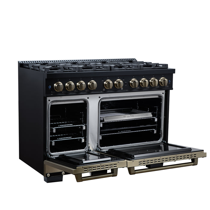 Valente 48" Dual Fuel Range in Black, 8 Sealed Burners, 94 000 BTU Cooktop Output, 6.7 Cu.Ft. Double Oven, Telescopic Racks