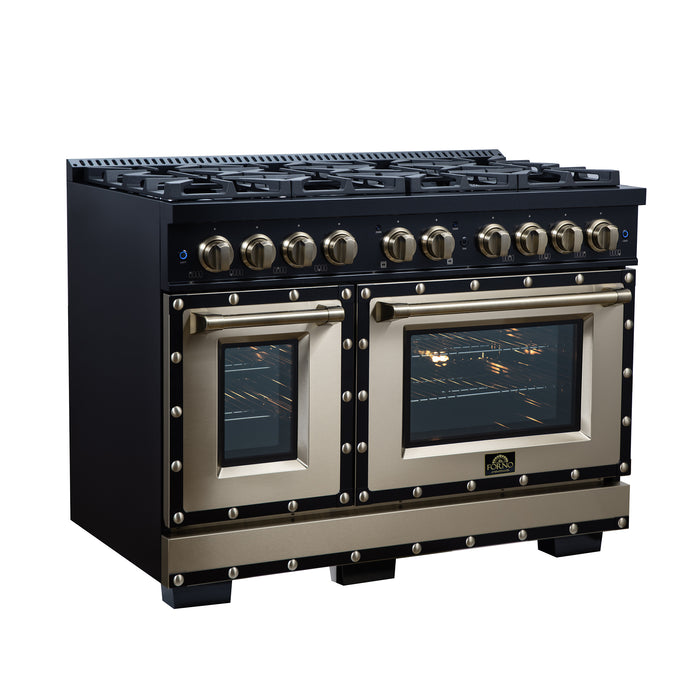 Valente 48" Dual Fuel Range in Black, 8 Sealed Burners, 94 000 BTU Cooktop Output, 6.7 Cu.Ft. Double Oven, Telescopic Racks