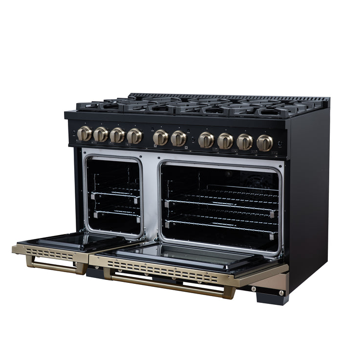 Valente 48" Dual Fuel Range in Black, 8 Sealed Burners, 94 000 BTU Cooktop Output, 6.7 Cu.Ft. Double Oven, Telescopic Racks