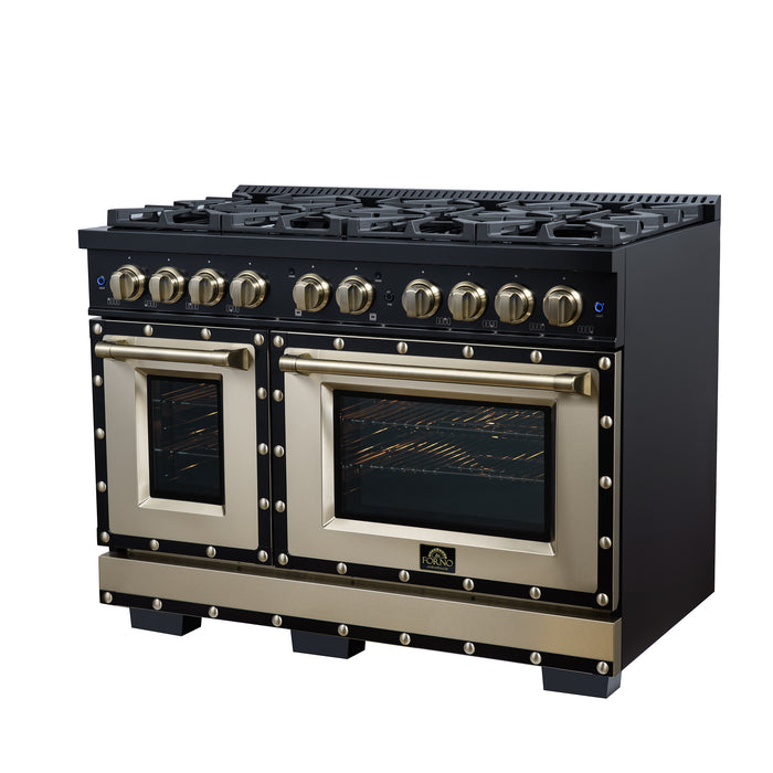 Valente 48" Dual Fuel Range in Black, 8 Sealed Burners, 94 000 BTU Cooktop Output, 6.7 Cu.Ft. Double Oven, Telescopic Racks