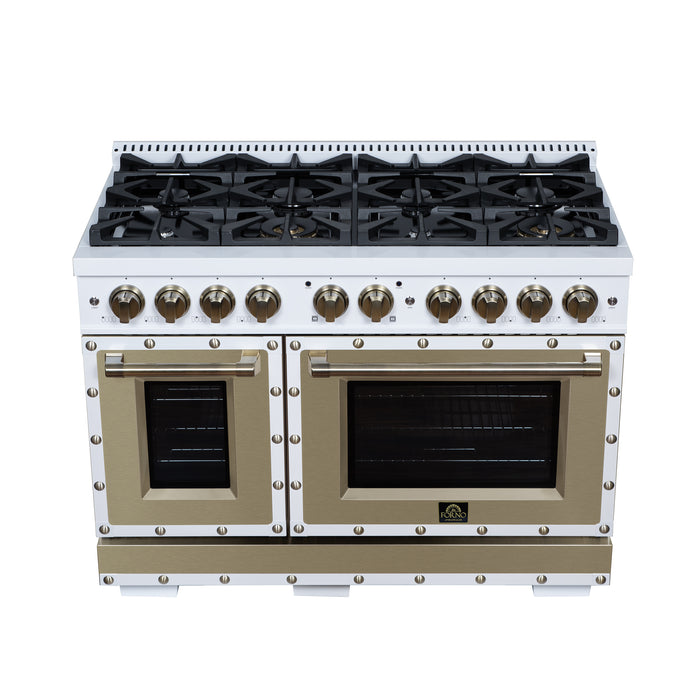 Valente 48" Dual Fuel Range in White, 8 Sealed Burners, 94 000 BTU Cooktop Output, 6.7 Cu.Ft. Double Oven, Telescopic Racks