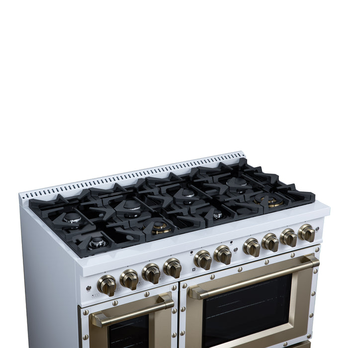 Valente 48" Dual Fuel Range in White, 8 Sealed Burners, 94 000 BTU Cooktop Output, 6.7 Cu.Ft. Double Oven, Telescopic Racks