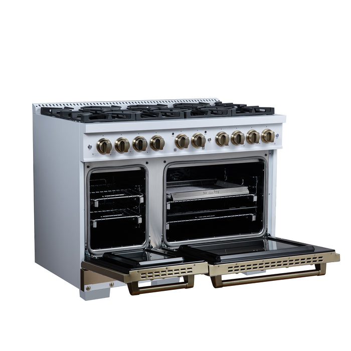 Valente 48" Dual Fuel Range in White, 8 Sealed Burners, 94 000 BTU Cooktop Output, 6.7 Cu.Ft. Double Oven, Telescopic Racks