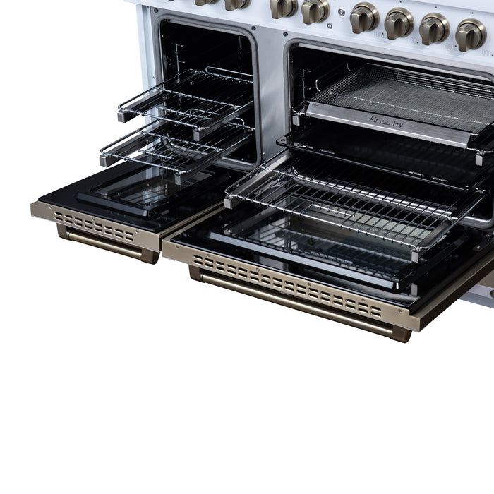 Valente 48" Dual Fuel Range in White, 8 Sealed Burners, 94 000 BTU Cooktop Output, 6.7 Cu.Ft. Double Oven, Telescopic Racks