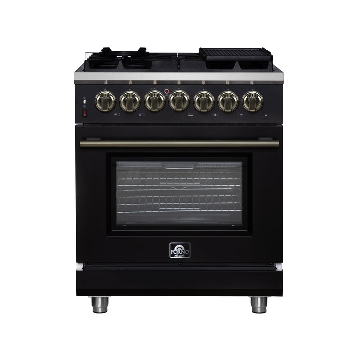 Forno Massimo 30-Inch Freestanding Dual Fuel Range in Black with Antique Brass Accessories, 4 Burners, 4.32 cu. ft. Convection Oven