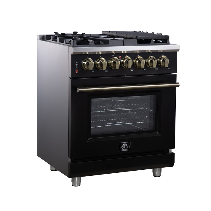 Forno Massimo 30-Inch Freestanding Dual Fuel Range in Black with Antique Brass Accessories, 4 Burners, 4.32 cu. ft. Convection Oven