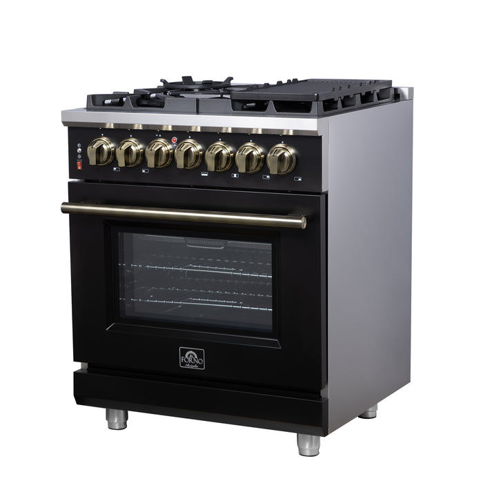Forno Massimo 30-Inch Freestanding Dual Fuel Range in Black with Antique Brass Accessories, 4 Burners, 4.32 cu. ft. Convection Oven
