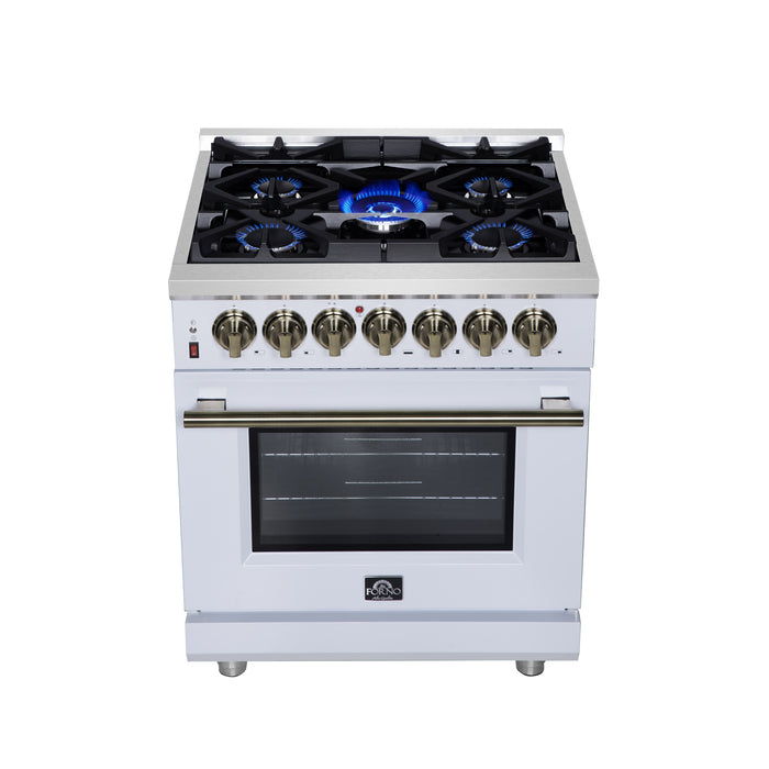 Forno Massimo 30-Inch Freestanding Dual Fuel Range in White with Antique Brass Accessories, 4 Burners, 4.32 cu. ft. Convection Oven