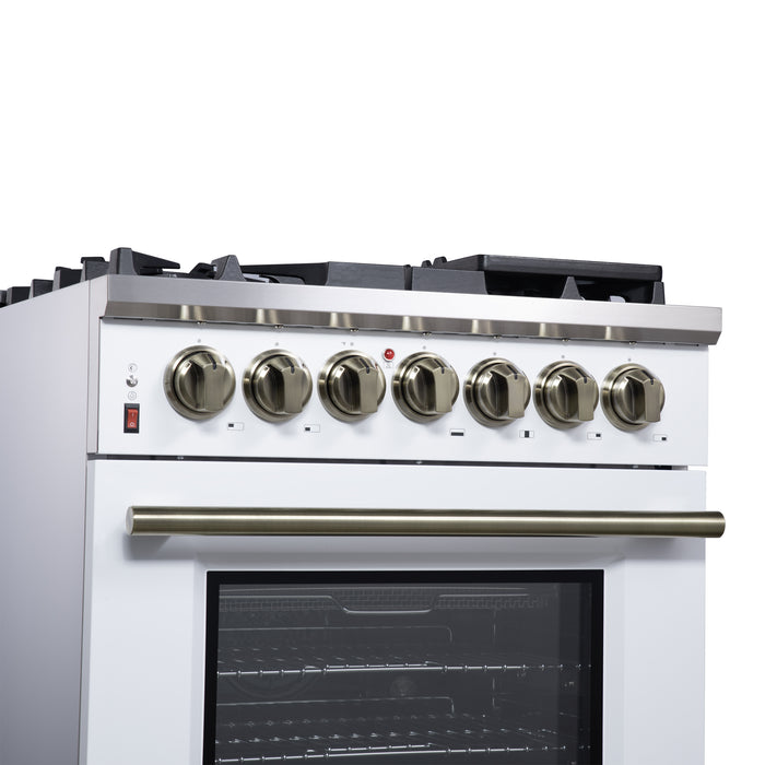 Forno Massimo 30-Inch Freestanding Dual Fuel Range in White with Antique Brass Accessories, 4 Burners, 4.32 cu. ft. Convection Oven