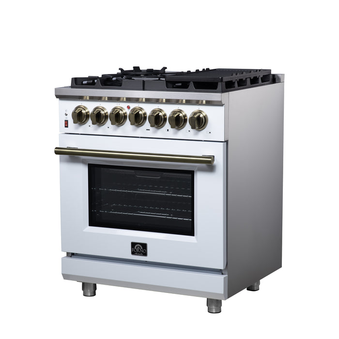 Forno Massimo 30-Inch Freestanding Dual Fuel Range in White with Antique Brass Accessories, 4 Burners, 4.32 cu. ft. Convection Oven