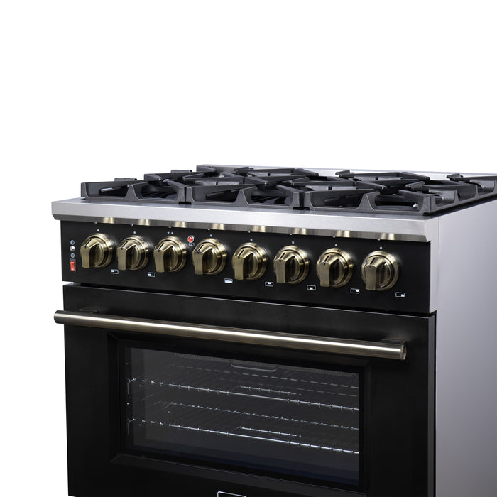 Forno Massimo 36 Inch Freestanding Dual Fuel Range in Black with Antique Brass Accessories, 6 Burners, 5.36 cu. ft. Convection Oven