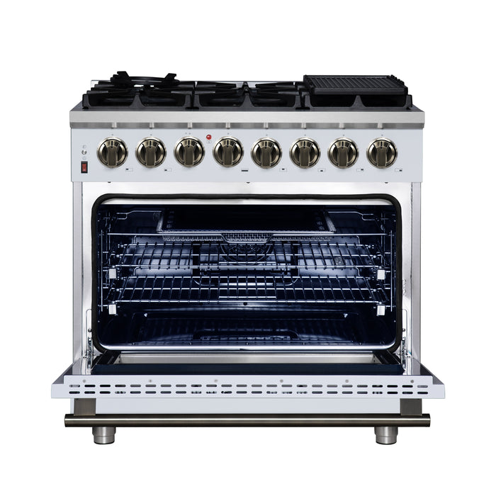 Forno Massimo 36 Inch Freestanding Dual Fuel Range in White with Antique Brass Accessories, 6 Burners, 5.36 cu. ft. Convection Oven