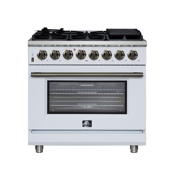 Forno Massimo 36 Inch Freestanding Dual Fuel Range in White with Antique Brass Accessories, 6 Burners, 5.36 cu. ft. Convection Oven