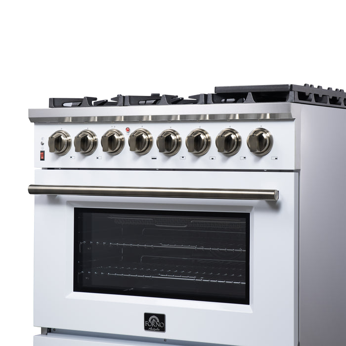 Forno Massimo 36 Inch Freestanding Dual Fuel Range in White with Antique Brass Accessories, 6 Burners, 5.36 cu. ft. Convection Oven