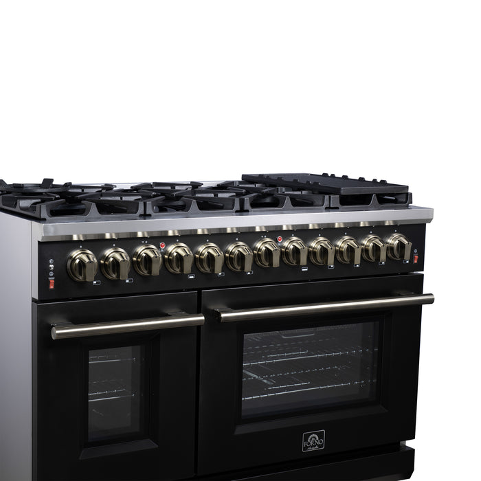 Forno Massimo 48 Inch Freestanding Dual Fuel Range in Black with Antique Brass Accessories, 8 Burners, 6.58 cu. ft. Convection Oven