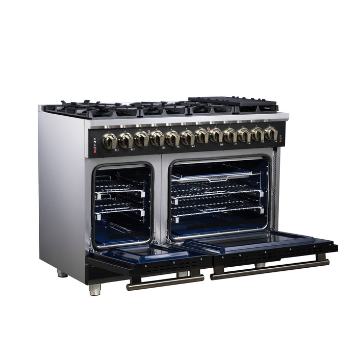Forno Massimo 48 Inch Freestanding Dual Fuel Range in Black with Antique Brass Accessories, 8 Burners, 6.58 cu. ft. Convection Oven