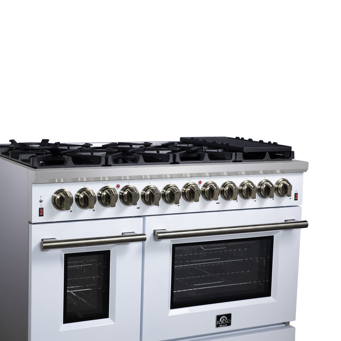 Forno Massimo 48 Inch Freestanding Dual Fuel Range in White with Antique Brass Accessories, 8 Burners, 6.58 cu. ft. Convection Oven