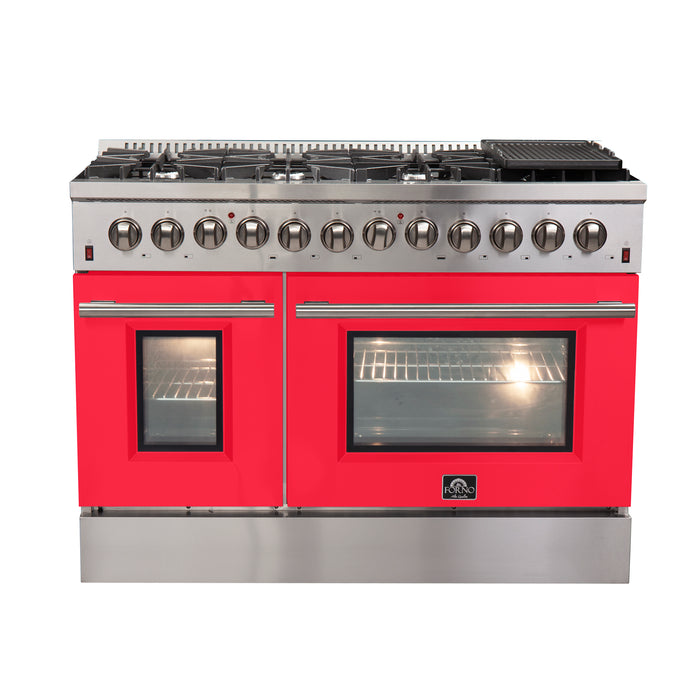 Forno Galiano 48-Inch Freestanding Dual Fuel Range, 8 Burners, Double Convection Ovens, Red Doors