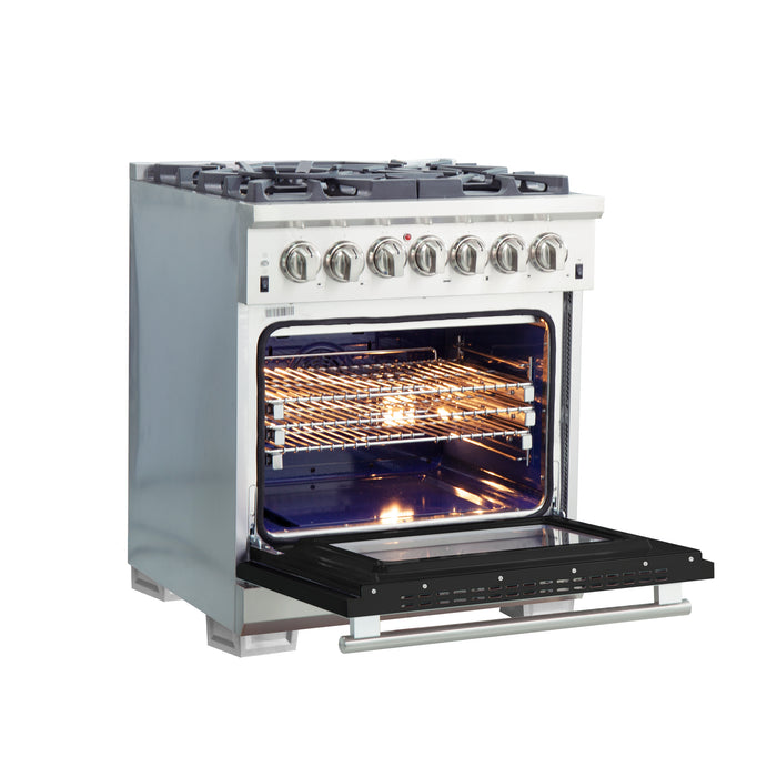 Forno Capriasca 30-Inch Freestanding Dual Fuel Range, 4 Burners, True Convection Oven, Black Door