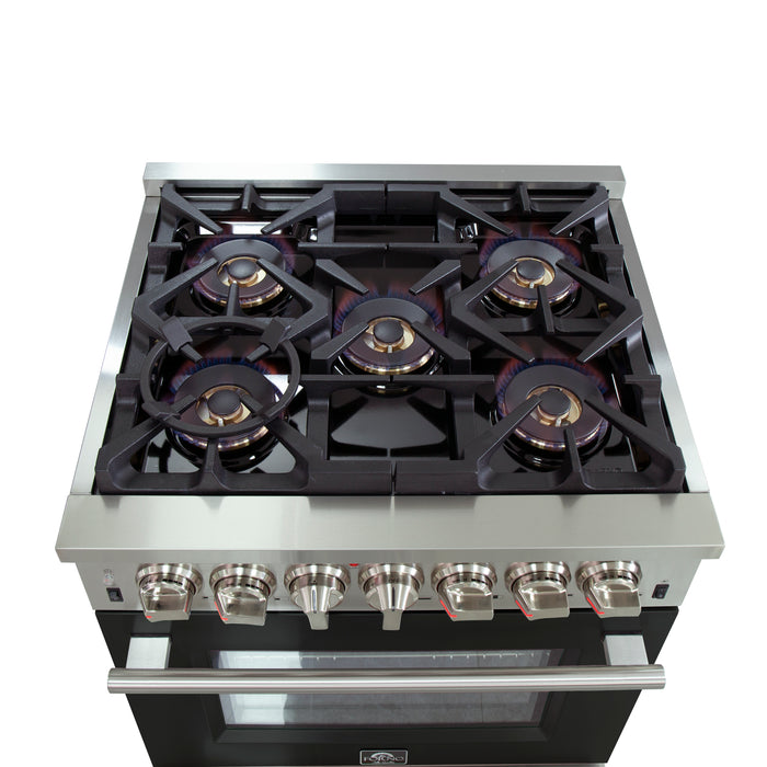 Forno Capriasca 30-Inch Freestanding Dual Fuel Range, 4 Burners, True Convection Oven, Black Door