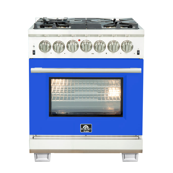 Forno Capriasca 30-Inch Freestanding Dual Fuel Range, 4 Burners, True Convection Oven, Blue Door