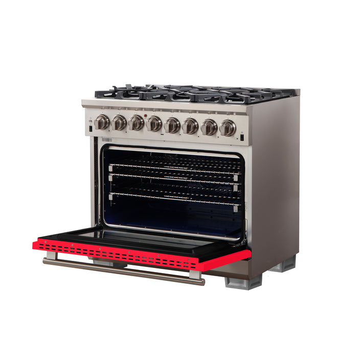 Forno Capriasca 36-Inch Freestanding Dual Fuel Range, 6 Burners, True Convection Oven, Red Door