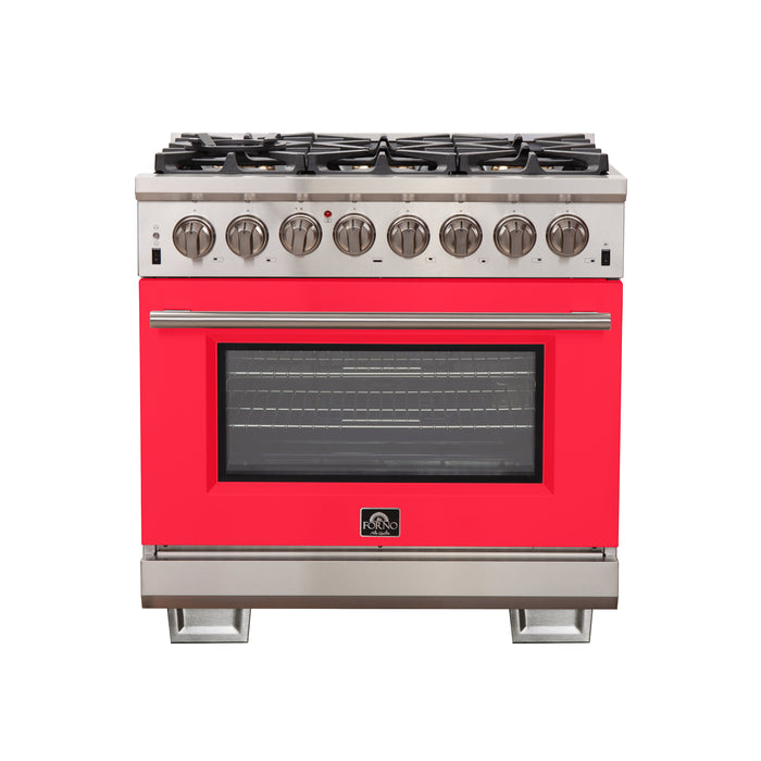 Forno Capriasca 36-Inch Freestanding Dual Fuel Range, 6 Burners, True Convection Oven, Red Door