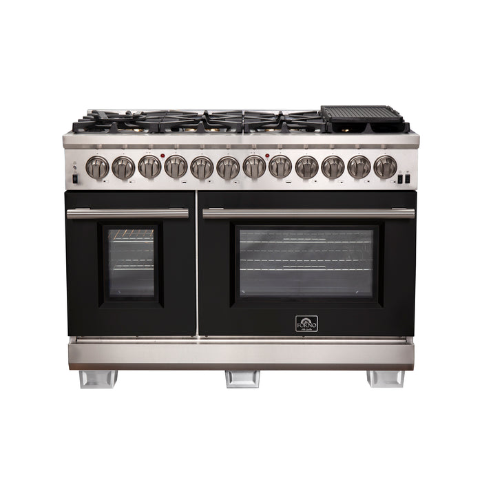 Forno Capriasca 48-Inch Freestanding Dual Fuel Range, 8 Burners, True Convection Oven, Black Doors