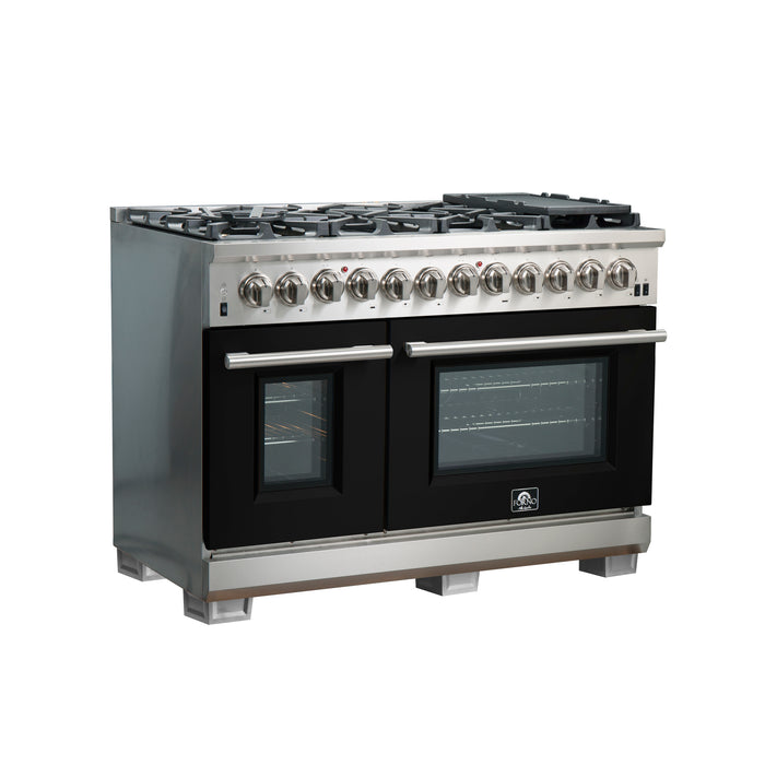Forno Capriasca 48-Inch Freestanding Dual Fuel Range, 8 Burners, True Convection Oven, Black Doors