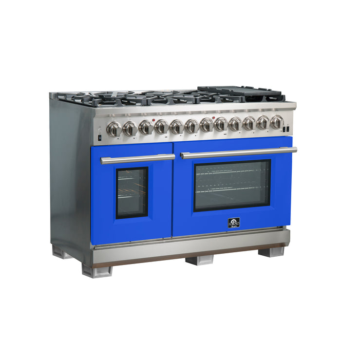 Forno Capriasca 48-Inch Freestanding Dual Fuel Range, 8 Burners, True Convection Oven, Blue Doors