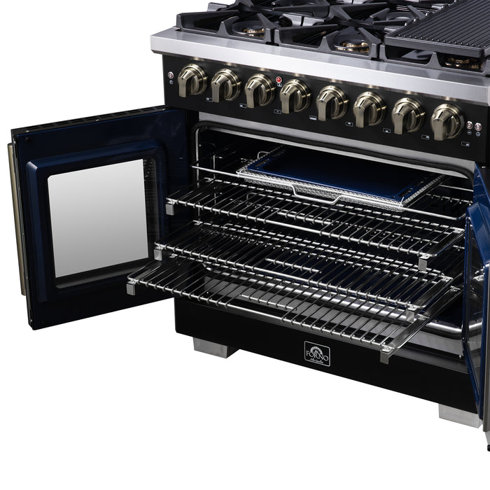 Forno Capriasca 36 Inch Freestanding French Door Dual Fuel Range in Black with Antique Brass Accessories, 6 Burners, True Convection Oven