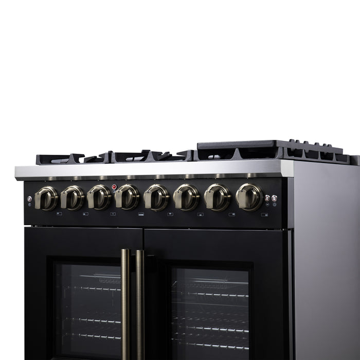 Forno Capriasca 36 Inch Freestanding French Door Dual Fuel Range in Black with Antique Brass Accessories, 6 Burners, True Convection Oven
