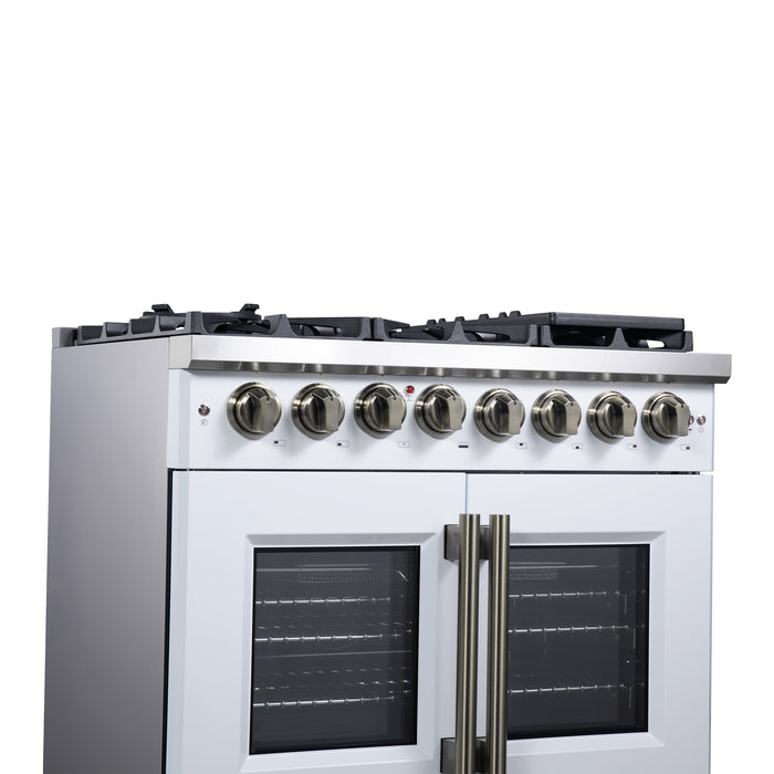 Forno Capriasca 36 Inch Freestanding French Door Dual Fuel Range in White with Antique Brass Accessories, 6 Burners, True Convection Oven