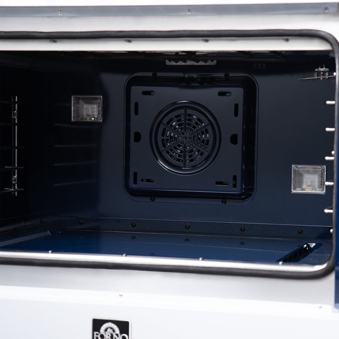 Forno Capriasca 36 Inch Freestanding French Door Dual Fuel Range in White with Antique Brass Accessories, 6 Burners, True Convection Oven