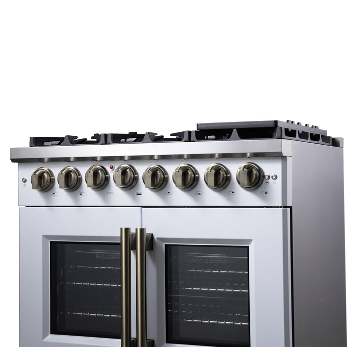 Forno Capriasca 36 Inch Freestanding French Door Dual Fuel Range in White with Antique Brass Accessories, 6 Burners, True Convection Oven