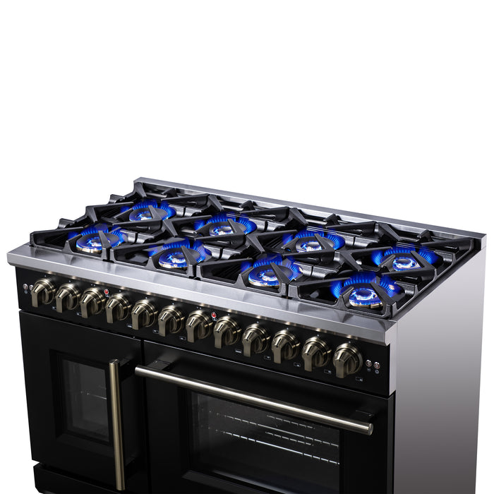 Forno Capriasca 48 Inch Freestanding French Door Dual Fuel Range in Black with Antique Brass Accessories, 8 Burners, True Convection Oven