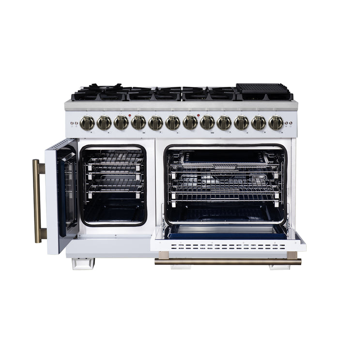 Forno Capriasca 48 Inch Freestanding French Door Dual Fuel Range in White with Antique Brass Accessories, 8 Burners, True Convection Oven