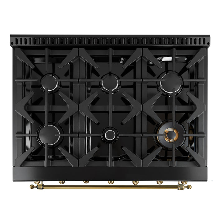 Forno Antico 36-inch Dual Fuel Range Black and Antique Brass Design with 6 Sealed Gas Burners and Electric Convection Oven