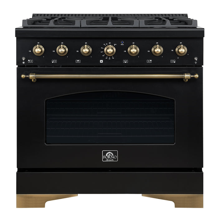 Forno Antico 36-inch Dual Fuel Range Black and Antique Brass Design with 6 Sealed Gas Burners and Electric Convection Oven